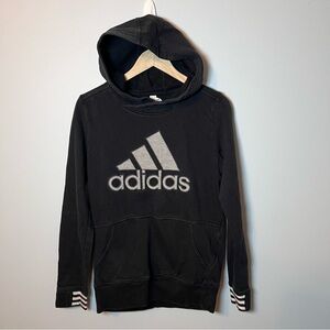 Adidas Essentials Hoodie Women’s S Black with Gray Logo Sweatshirt - Thumb Holes